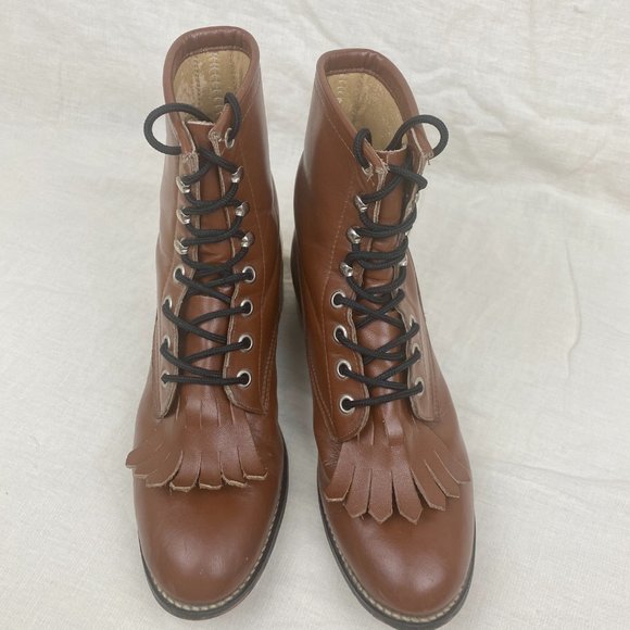 Vintage 1980s Justin Leather Brown Lace Up Roper Western Cowboy Kiltie Boots - Picture 15 of 16